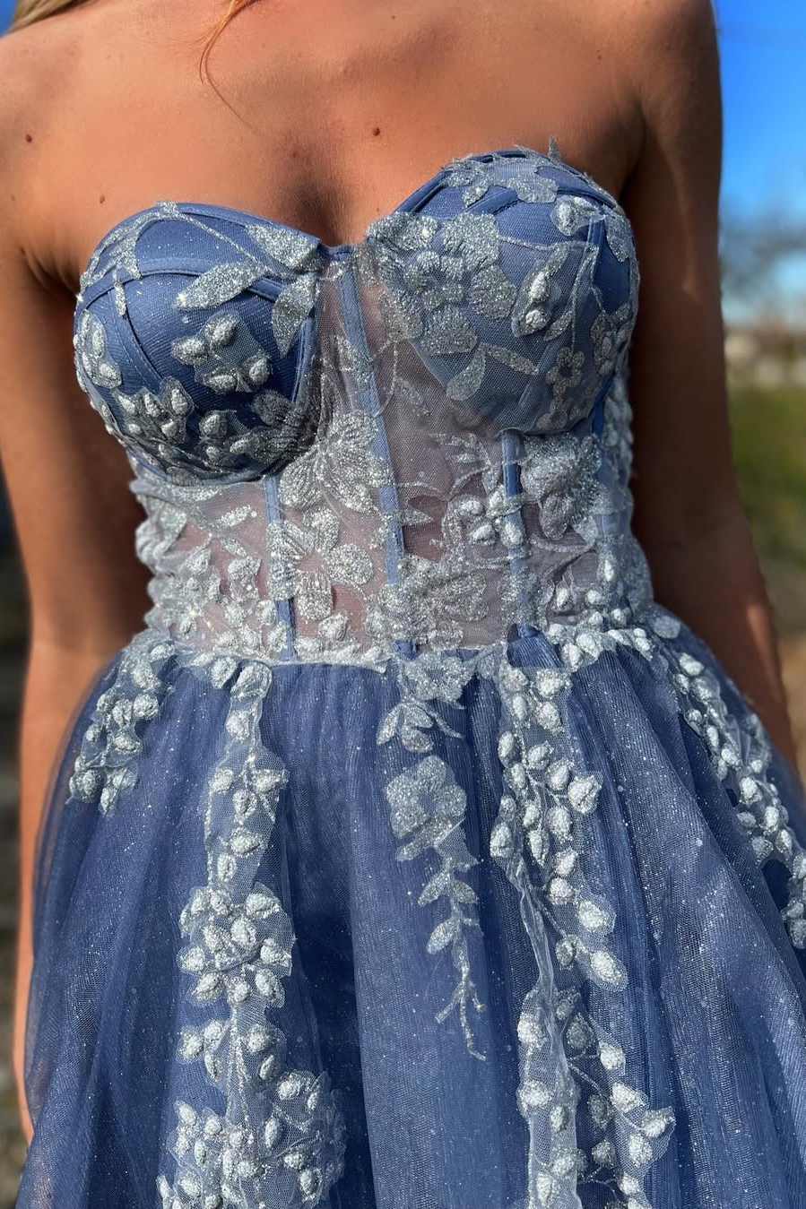 Strapless A-Line Prom Dress with Lace Appliques and Slit