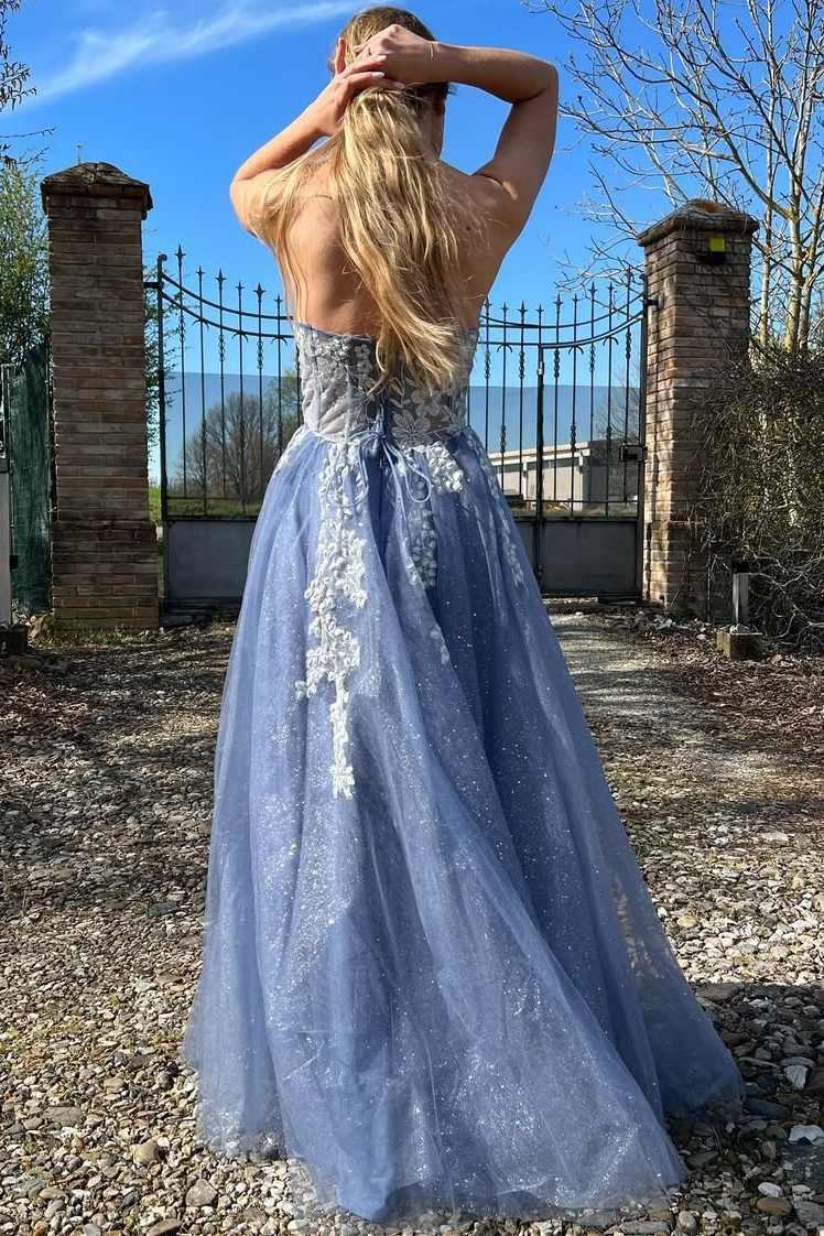 Strapless A-Line Prom Dress with Lace Appliques and Slit
