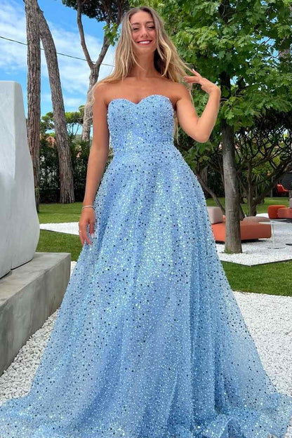 A-Line Strapless Sweetheart Sequin Long Prom Dress