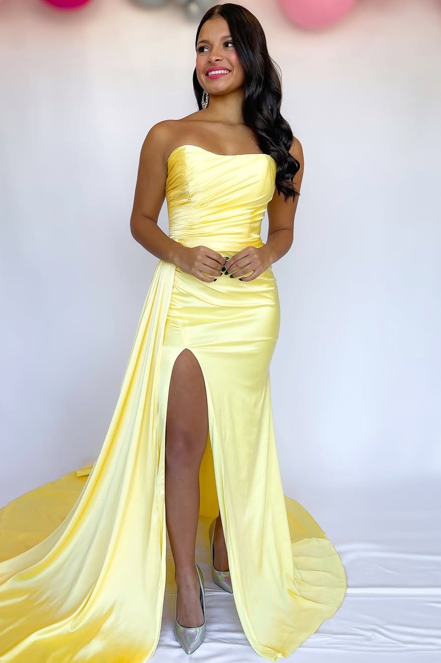 Elegant Strapless Pleated Satin Sleeveless Formal Prom Dress with Slit