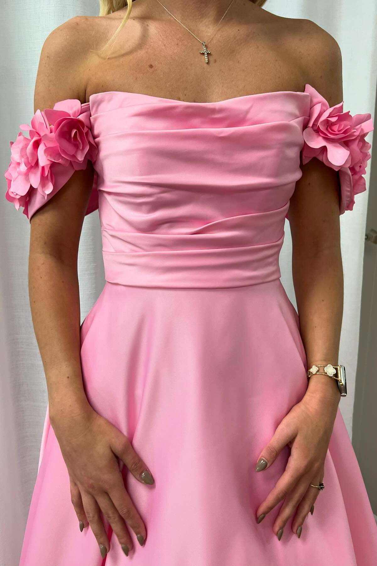 A-Line Off-Shoulder Empire-Waist Pleated Satin Formal Prom Dress