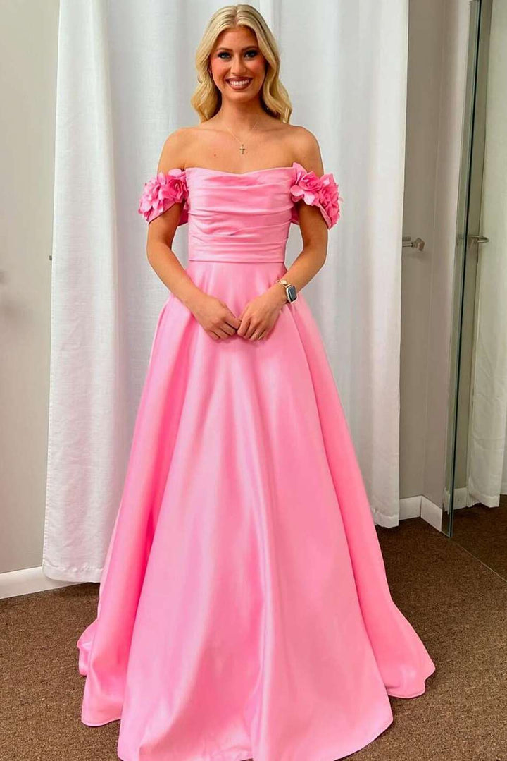 A-Line Off-Shoulder Empire-Waist Pleated Satin Formal Prom Dress