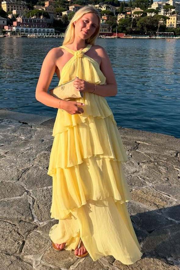 A-Line Chiffon Tiered Sleeveless Long Formal Prom Dress