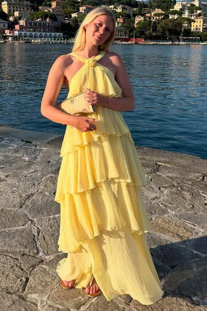 A-Line Chiffon Tiered Sleeveless Long Formal Prom Dress