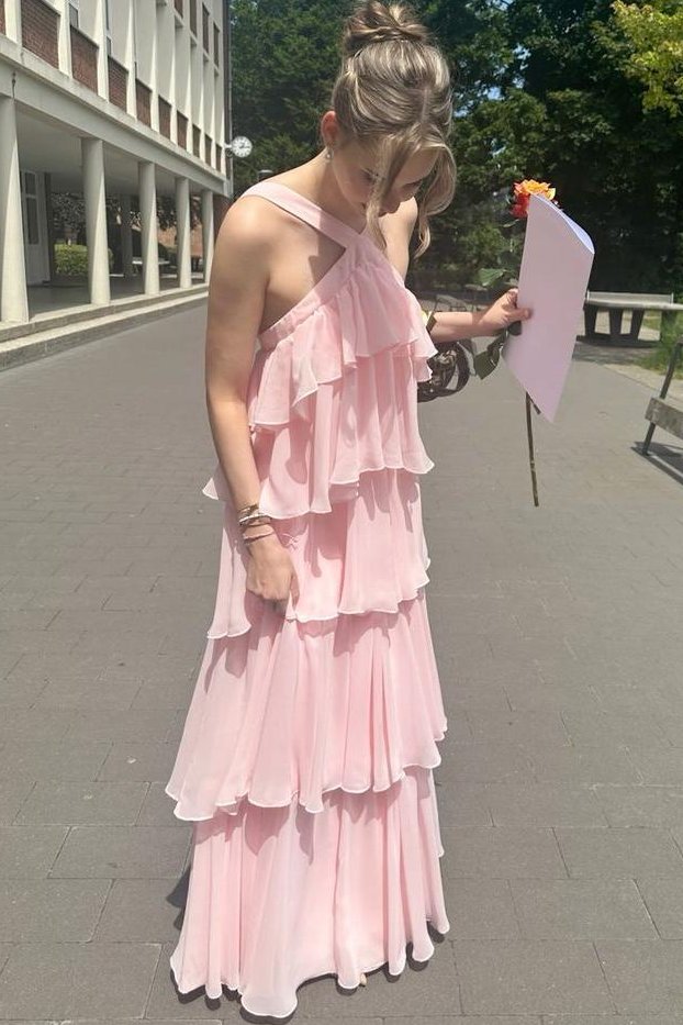 A-Line Chiffon Tiered Sleeveless Long Formal Prom Dress