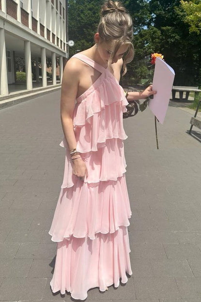 A-Line Chiffon Tiered Sleeveless Long Formal Prom Dress