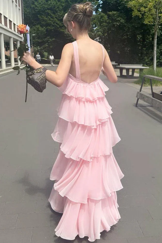 A-Line Chiffon Tiered Sleeveless Long Formal Prom Dress