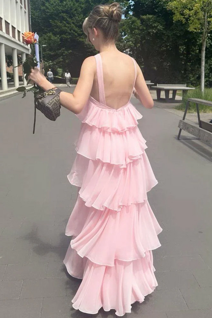 A-Line Chiffon Tiered Sleeveless Long Formal Prom Dress