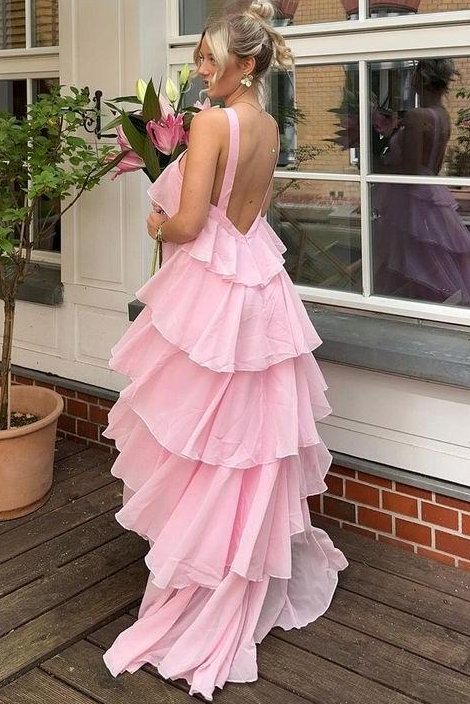 A-Line Chiffon Tiered Sleeveless Long Formal Prom Dress