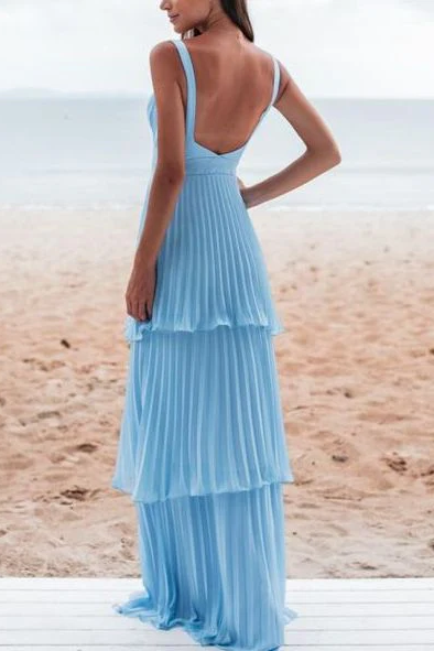 Blue A-Line V-Neck Pleated Tiered Sleeveless Long Formal Prom Dress