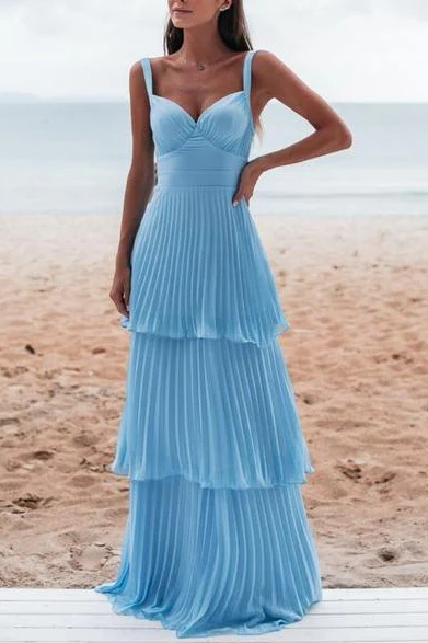 Blue A-Line V-Neck Pleated Tiered Sleeveless Long Formal Prom Dress