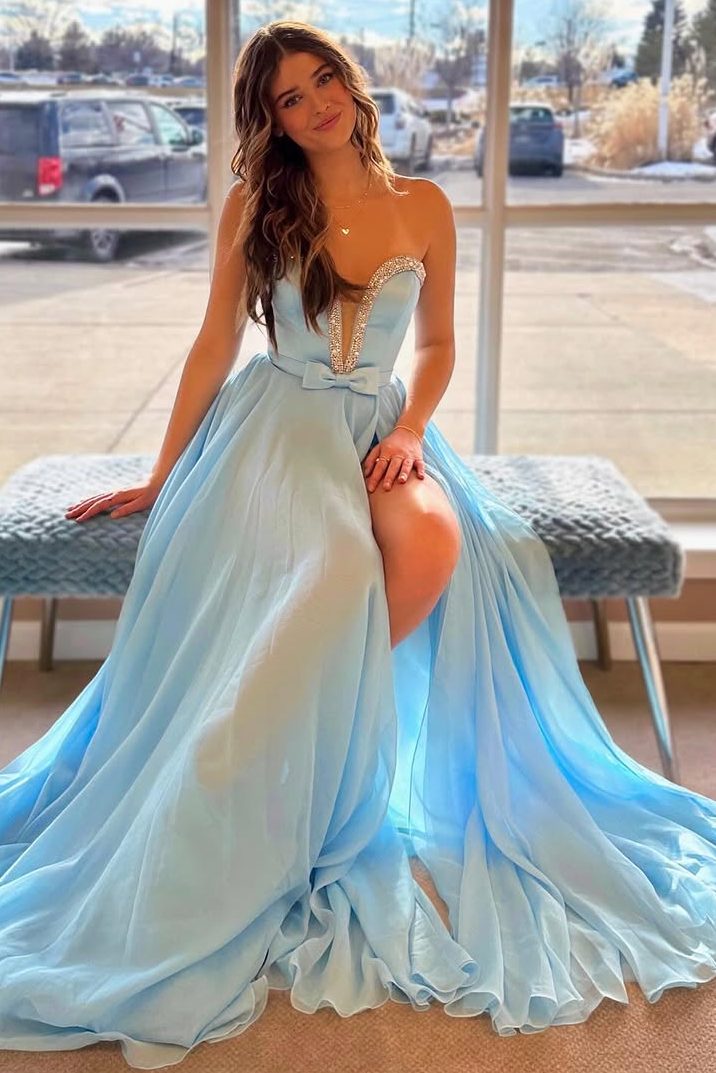 Strapless A-Line V-Neck Chiffon Prom Dress with Beaded Detail