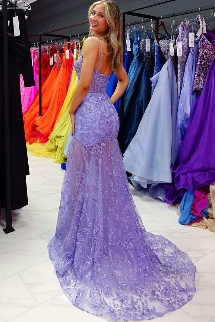 Spaghetti Straps Sweetheart Lace Mermaid Prom Dress with Slit