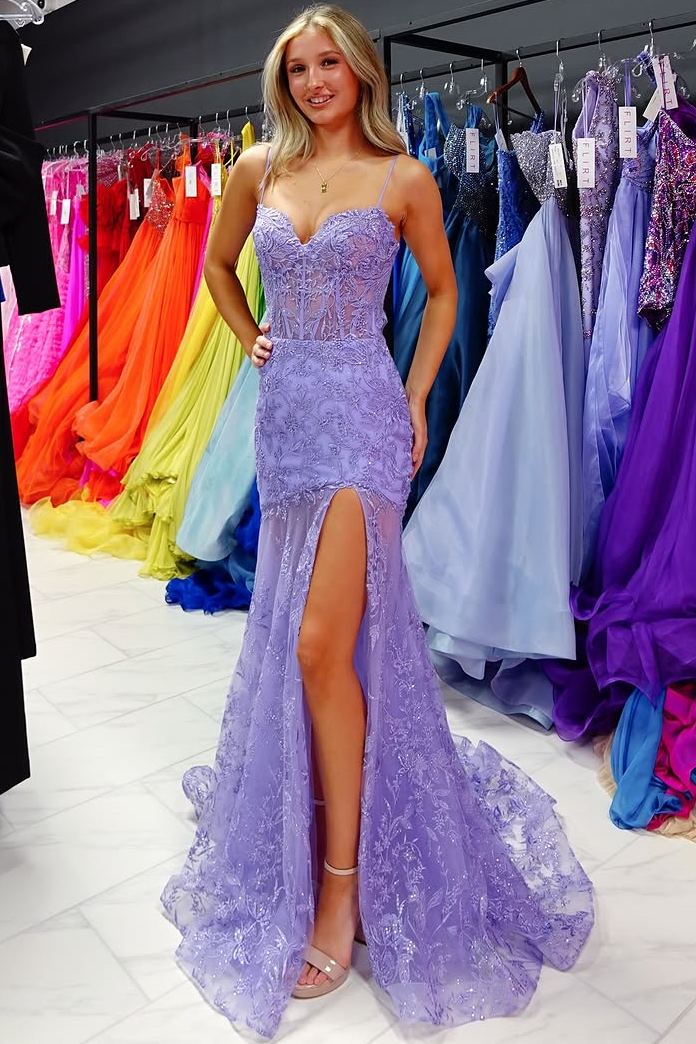 Spaghetti Straps Sweetheart Lace Mermaid Prom Dress with Slit