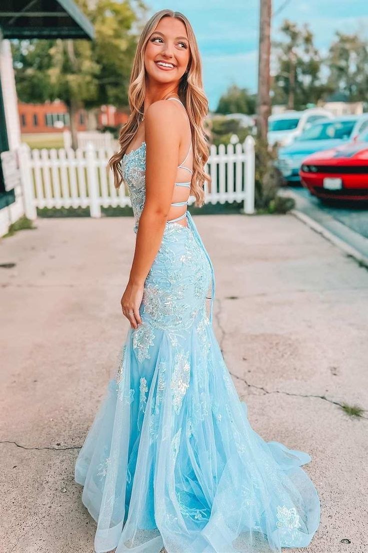 Spaghetti Straps Lace Appliques Mermaid Long Prom Dress Blue