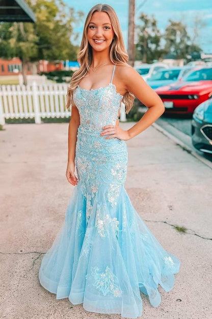 Spaghetti Straps Lace Appliques Mermaid Long Prom Dress Blue
