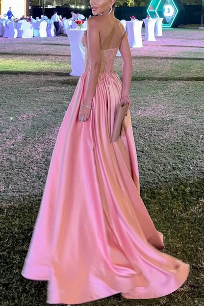 Pink Strapless Satin A-Line Empire-Waist Sleeveless Prom Dress