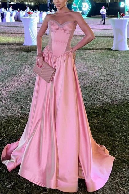 Pink Strapless Satin A-Line Empire-Waist Sleeveless Prom Dress