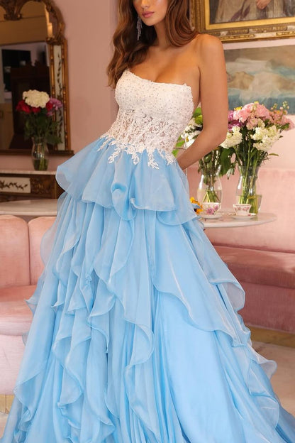 Strapless A-Line Ruffled Lace Empire Waist Long Prom Dress