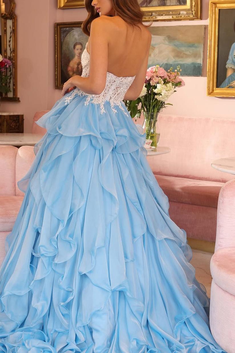 Strapless A-Line Ruffled Lace Empire Waist Long Prom Dress