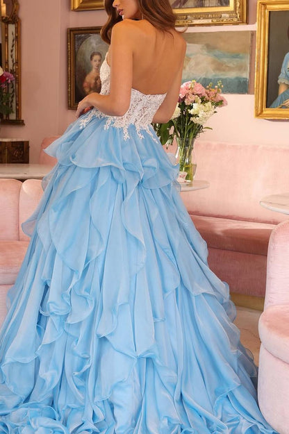 Strapless A-Line Ruffled Lace Empire Waist Long Prom Dress