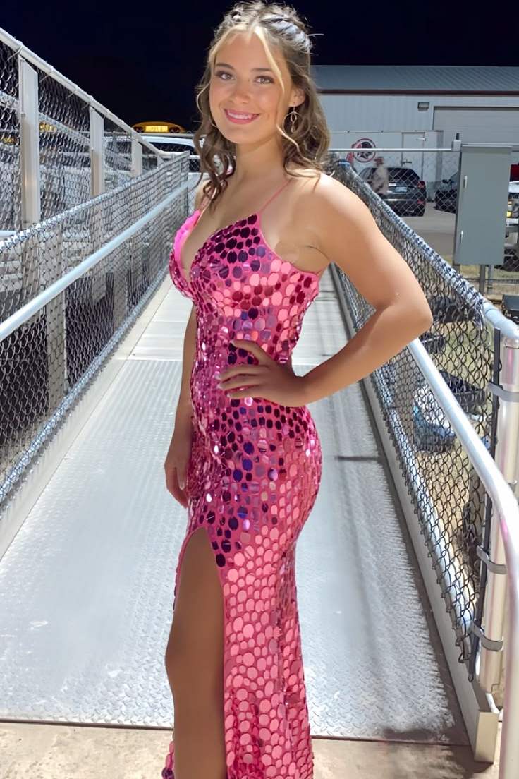 Pink Spaghetti Strap Mirror Cut Sequin Mermaid Prom Dress