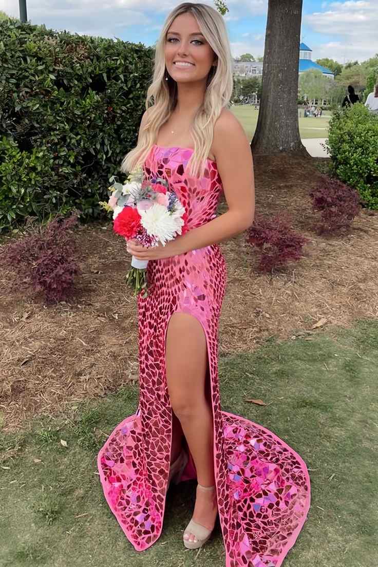 Strapless Mirror-Cut Sequins Mermaid Long Prom Dress with Slit