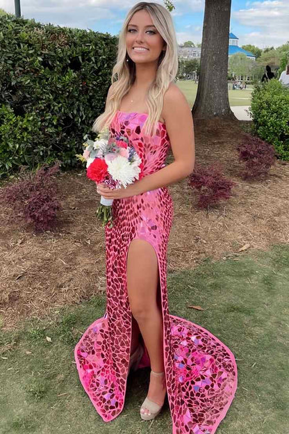 Strapless Mirror-Cut Sequins Mermaid Long Prom Dress with Slit