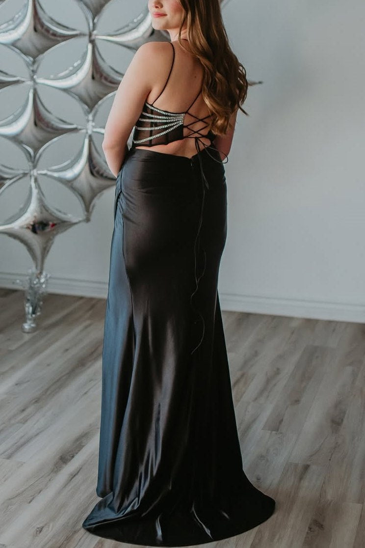 Spaghetti Straps Beaded Sweetheart Pleated Mermaid Prom Dress with Slit