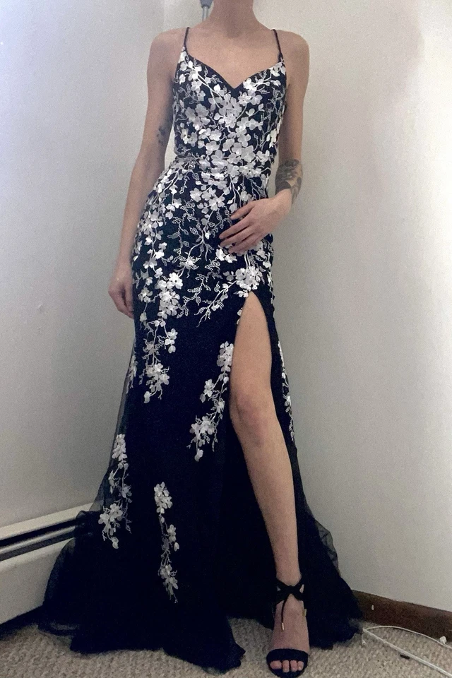 Spaghetti Straps Lace Appliques Mermaid Long Prom Dress