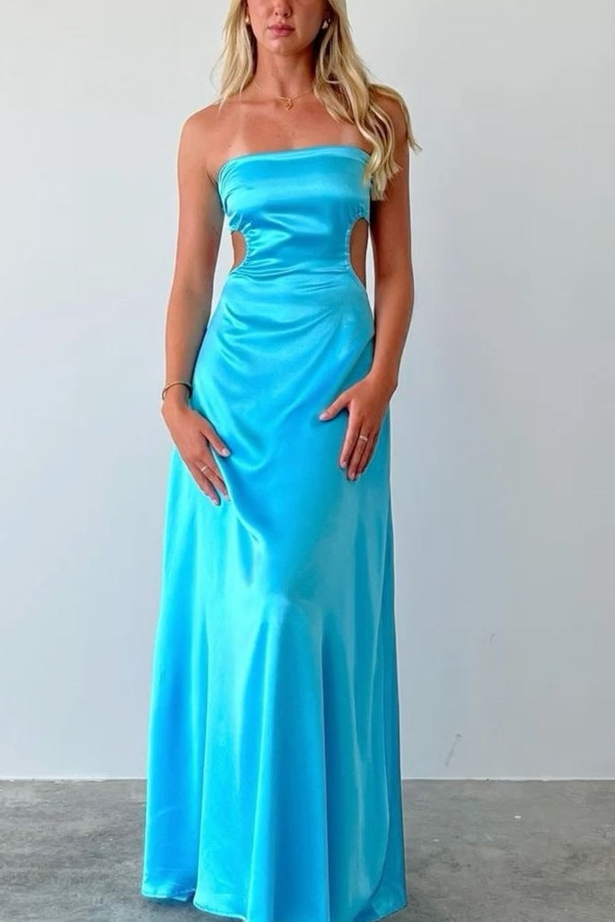 Blue Satin A-Line Evening Dress with Scoop Neck and Pleats