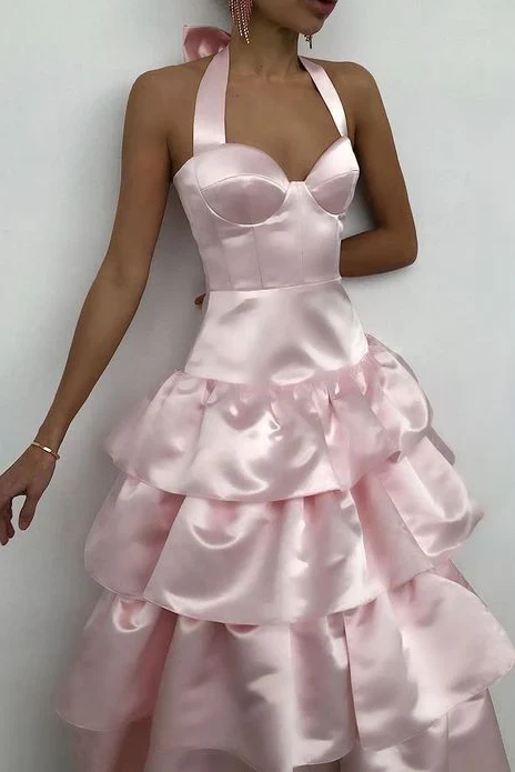 A-Line Halter Tiered Satin Empire-Waist Sleeveless Prom Dress With Bow