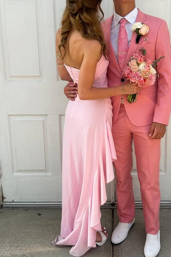 Strapless Pleated Satin Side Slit Long Prom Party Dress
