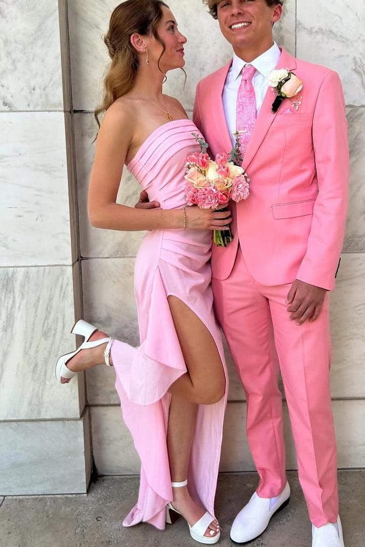 Strapless Pleated Satin Side Slit Long Prom Party Dress