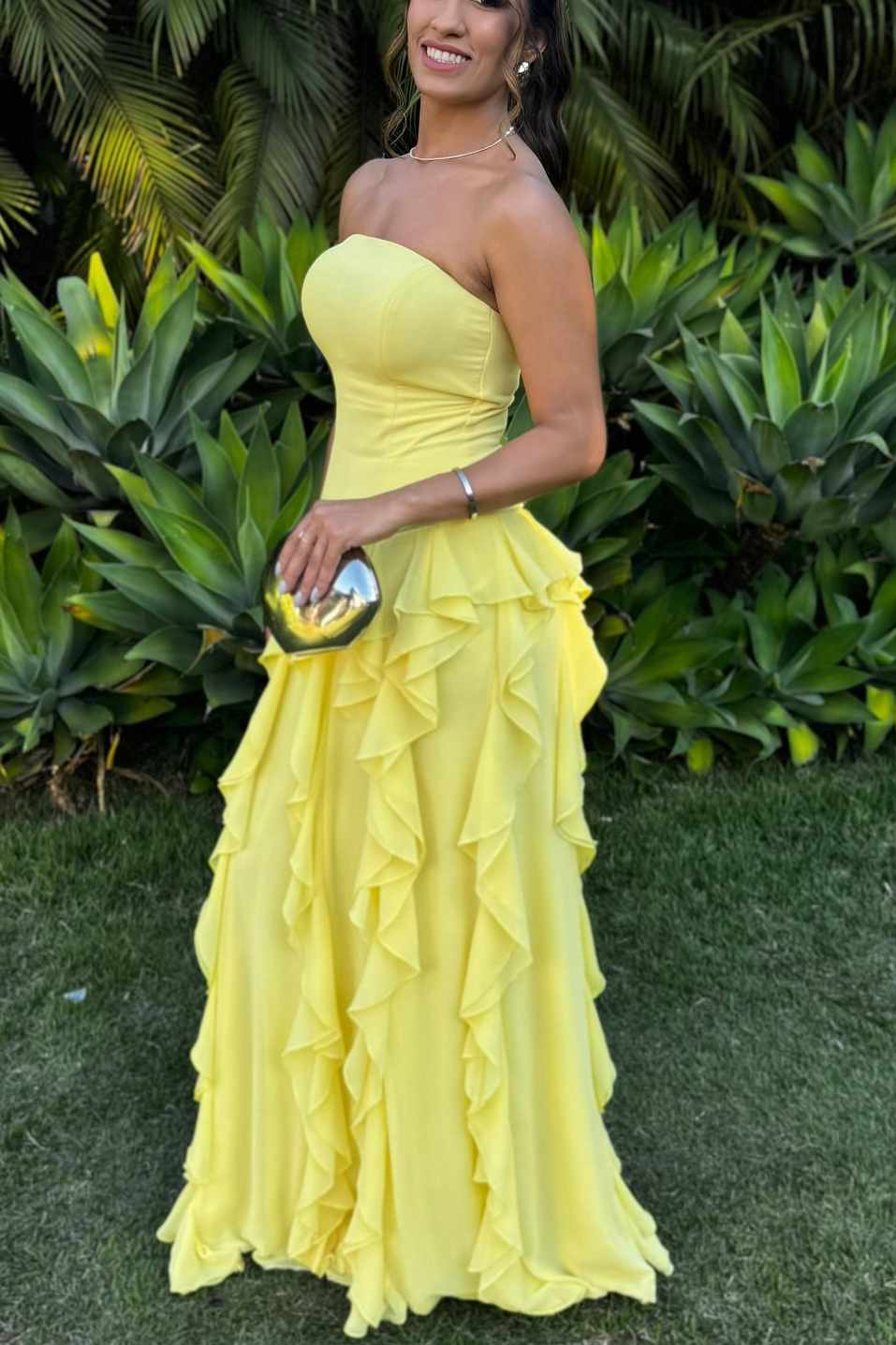 Strapless A-Line Yellow Satin Chiffon Ruffle Long Prom Dress