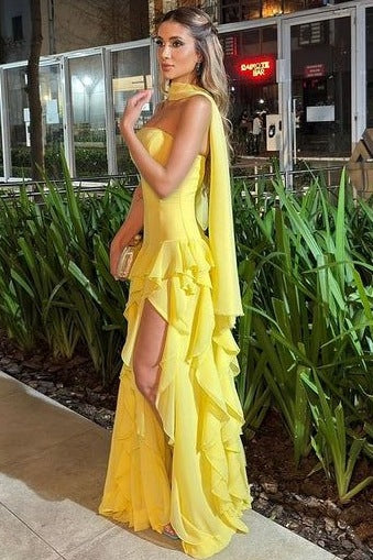 Strapless A-Line Yellow Satin Chiffon Ruffle Long Prom Dress