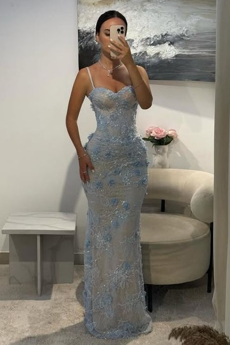 Spaghetti Straps Lace Appliques Sleeveless Mermaid Long Prom Dress Blue