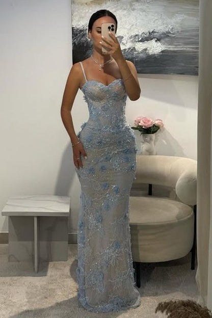 Spaghetti Straps Lace Appliques Sleeveless Mermaid Long Prom Dress Blue