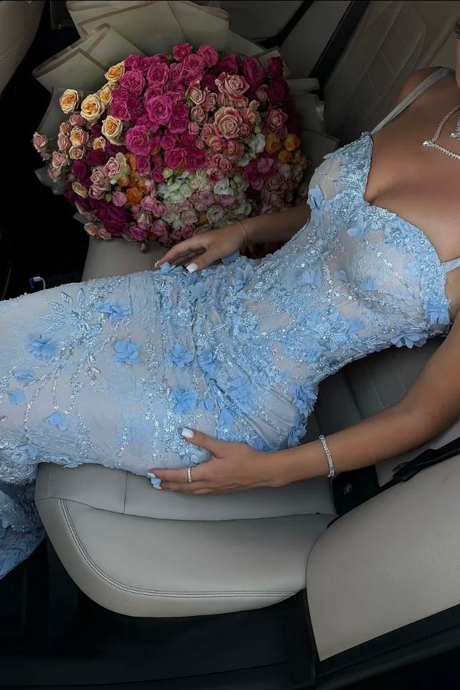 Spaghetti Straps Lace Appliques Sleeveless Mermaid Long Prom Dress Blue