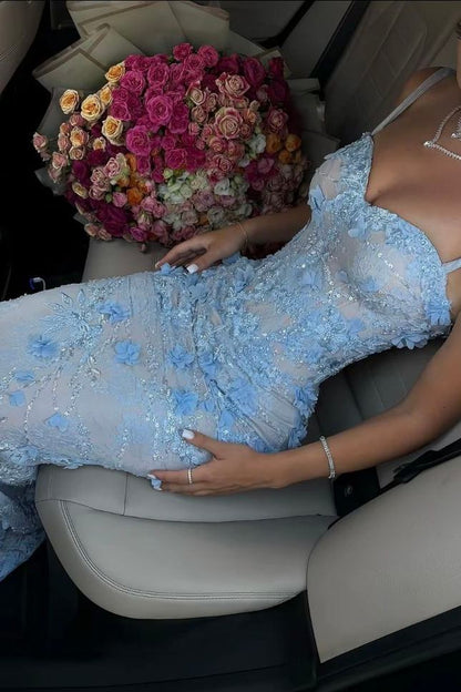 Spaghetti Straps Lace Appliques Sleeveless Mermaid Long Prom Dress Blue