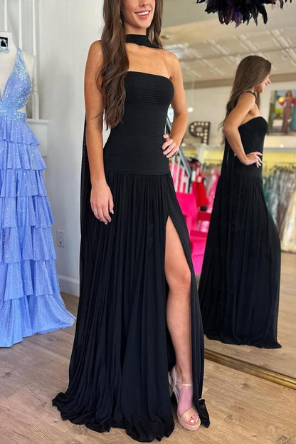 Strapless Pleated Sleeveless High Slit Long Party Prom Dress
