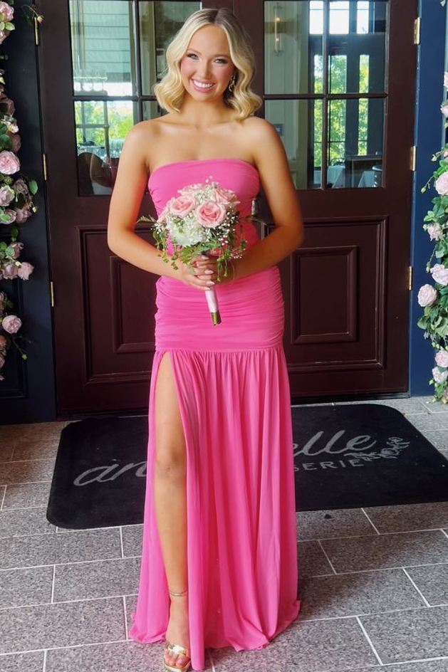 Strapless Pleated Sleeveless High Slit Long Party Prom Dress