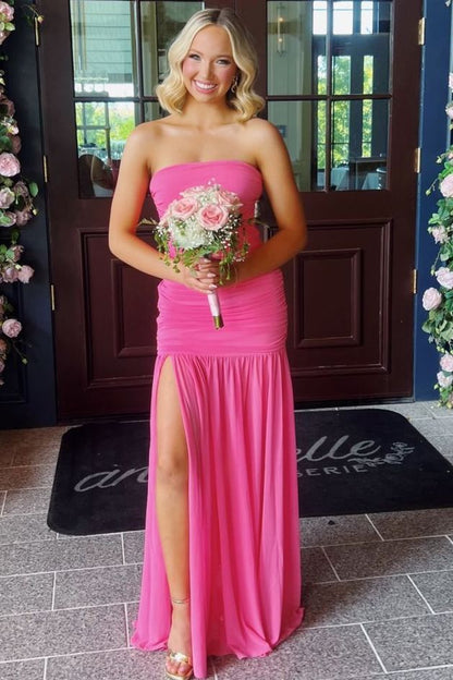 Strapless Pleated Sleeveless High Slit Long Party Prom Dress