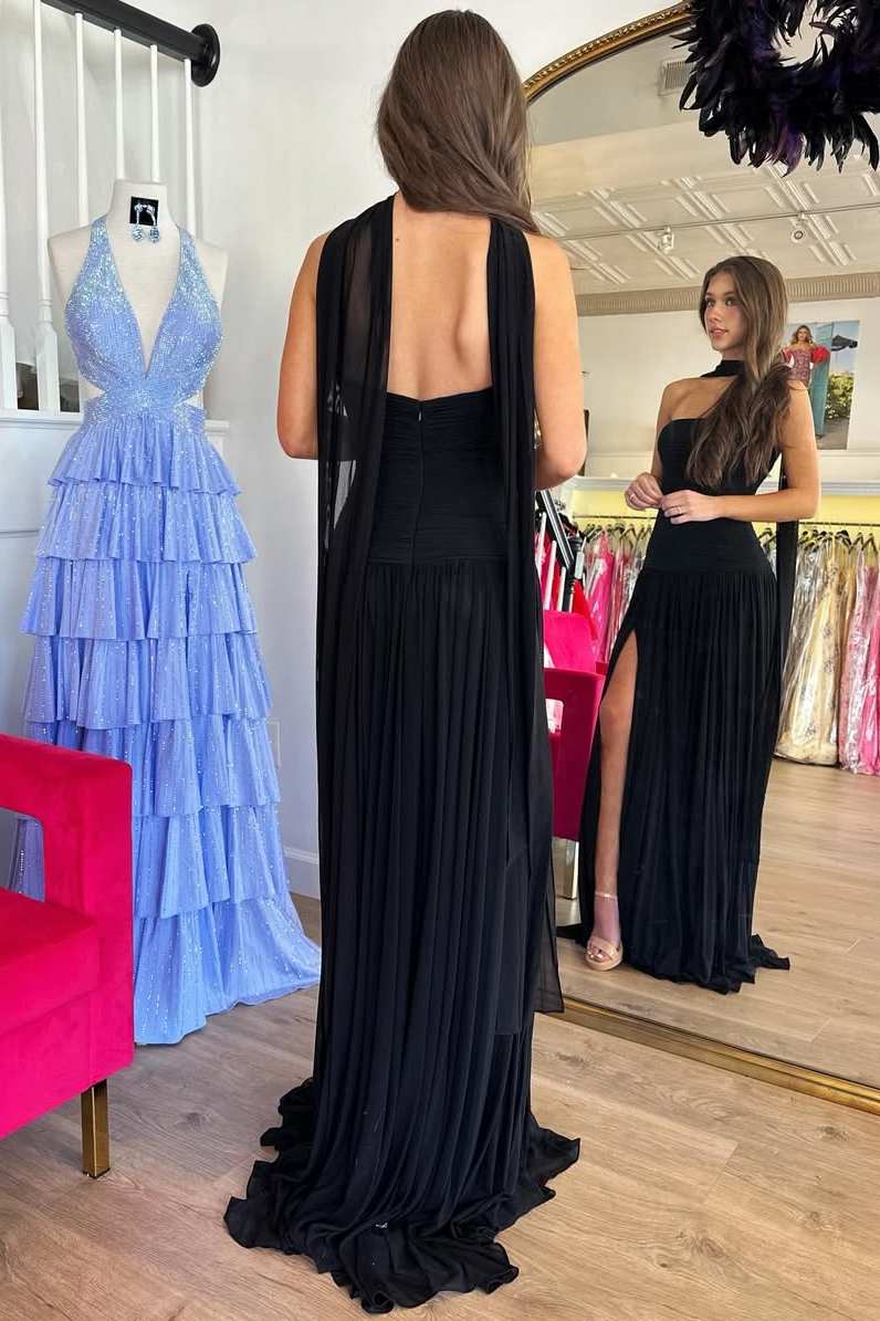 Strapless Pleated Sleeveless High Slit Long Party Prom Dress