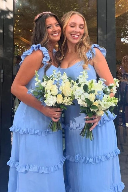 Blue A-Line Ruffles Sleeveless Chiffon Long Prom Evening Dress