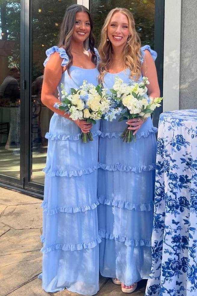 Blue A-Line Ruffles Sleeveless Chiffon Long Prom Evening Dress