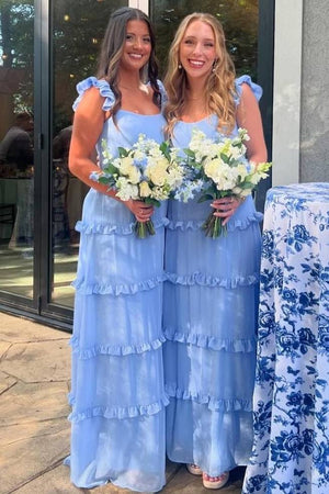 Blue A-Line Ruffles Sleeveless Chiffon Long Prom Evening Dress