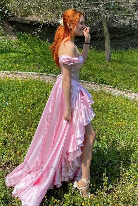 Off-Shoulder Satin A-Line Long Prom Dress with Ruffles Pink