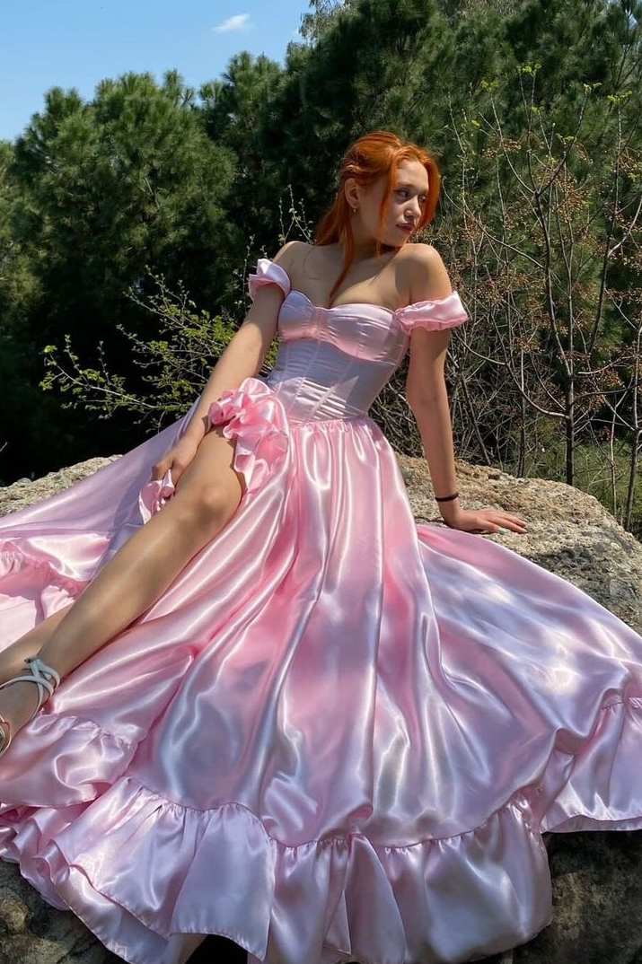 Off-Shoulder Satin A-Line Long Prom Dress with Ruffles Pink