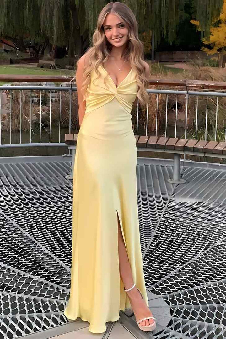 Satin V-Neck Sleeveless Long Evening Gown with Spaghetti Straps